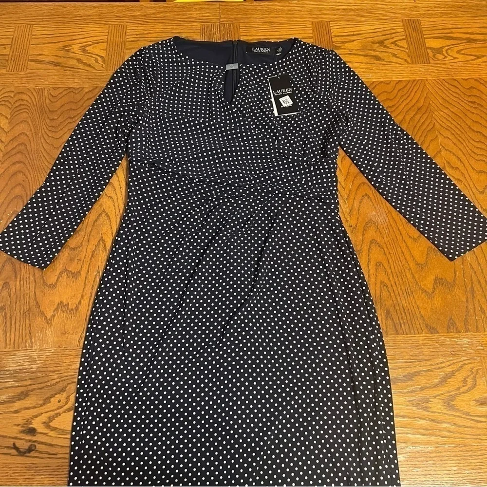 NEW Ralph Lauren Faux Wrap Ruched Jersey Knit Polka Dot Midi Dress in Navy Sz 6